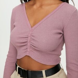 TNA thermal ruched Pink Long Sleeve cropped Button-Up Top